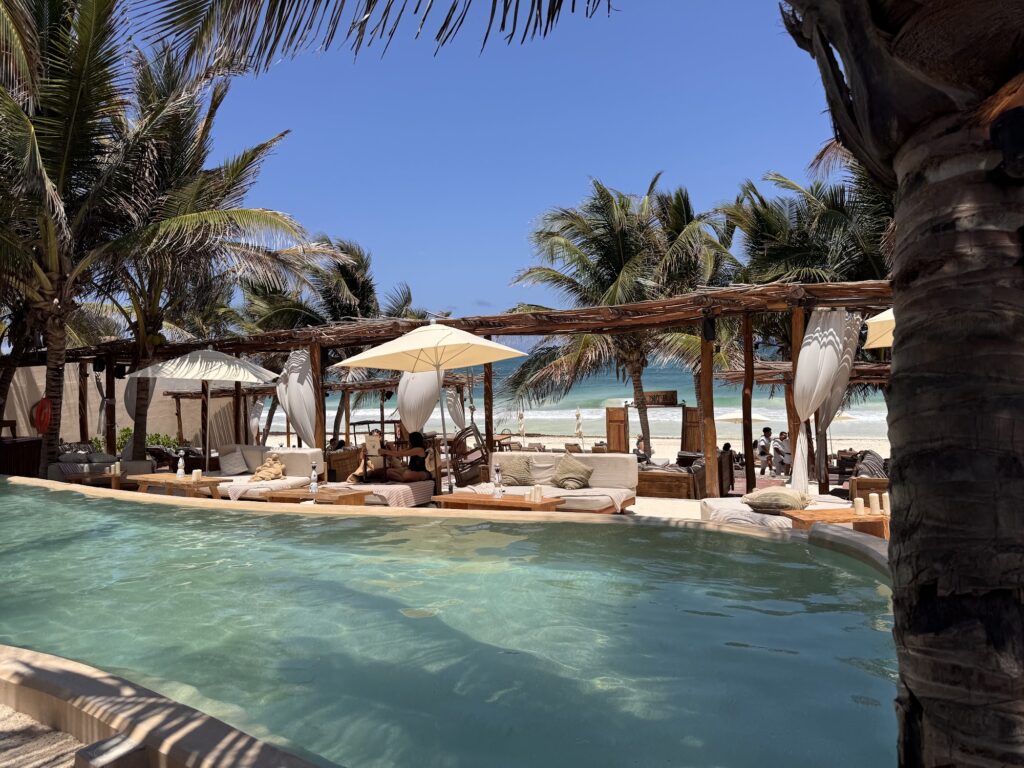 Swimming pool surrounded by sunbeds and palm trees on the Tulum beachfront