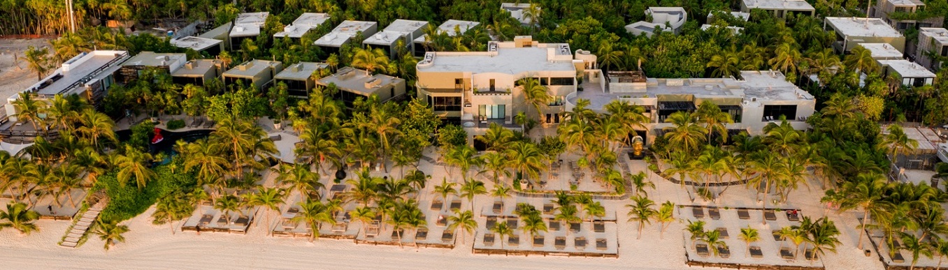 Aerial view of Casa Malca on the Tulum beachfront