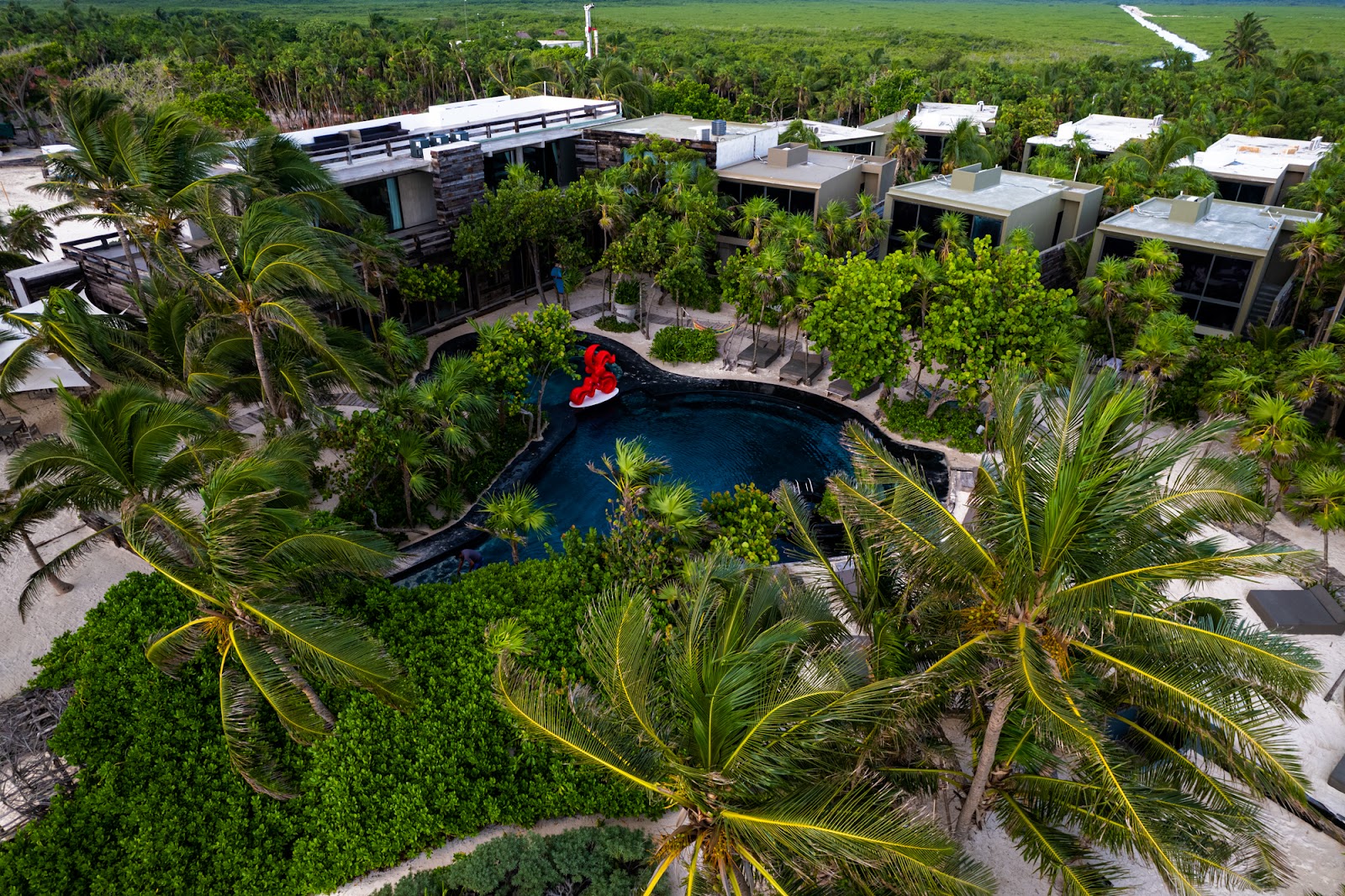 Aerial view of the Casa Malca grounds and pool