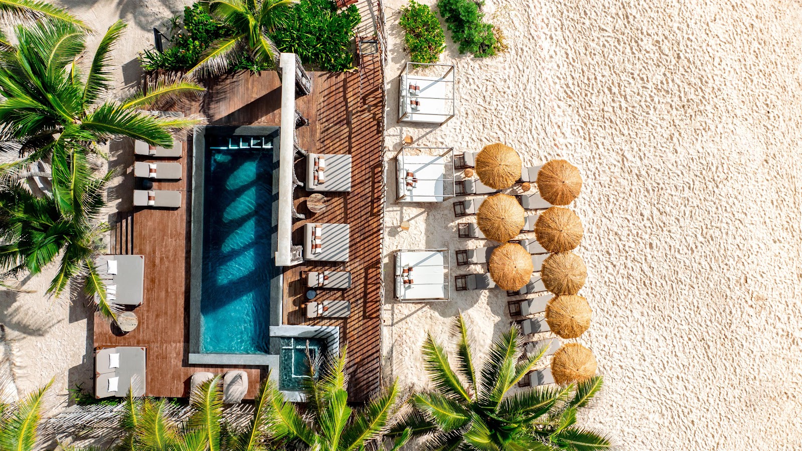 Aerial view of loungers and umbrellas on the sand at Casa Zamna