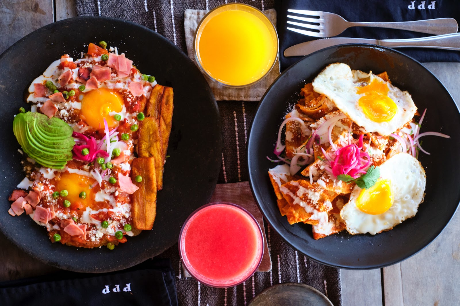 Chilaquiles and egg dishes served with fresh juices