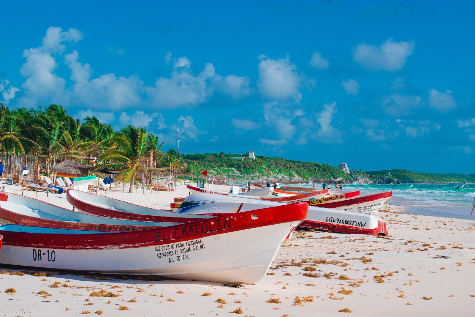 Fishing boats lined up on the sand near the beach club