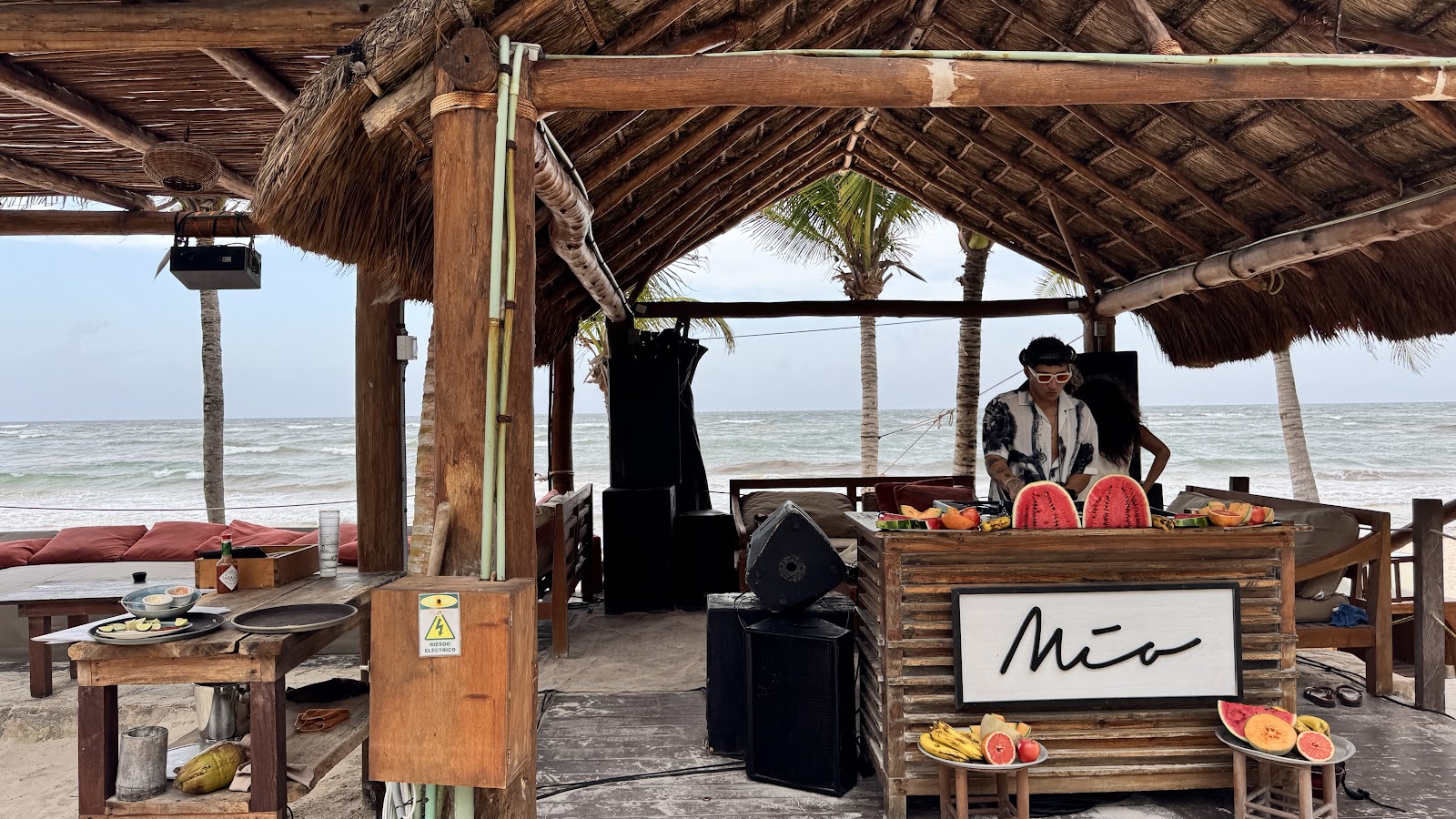 Host stand under a thatched palapa