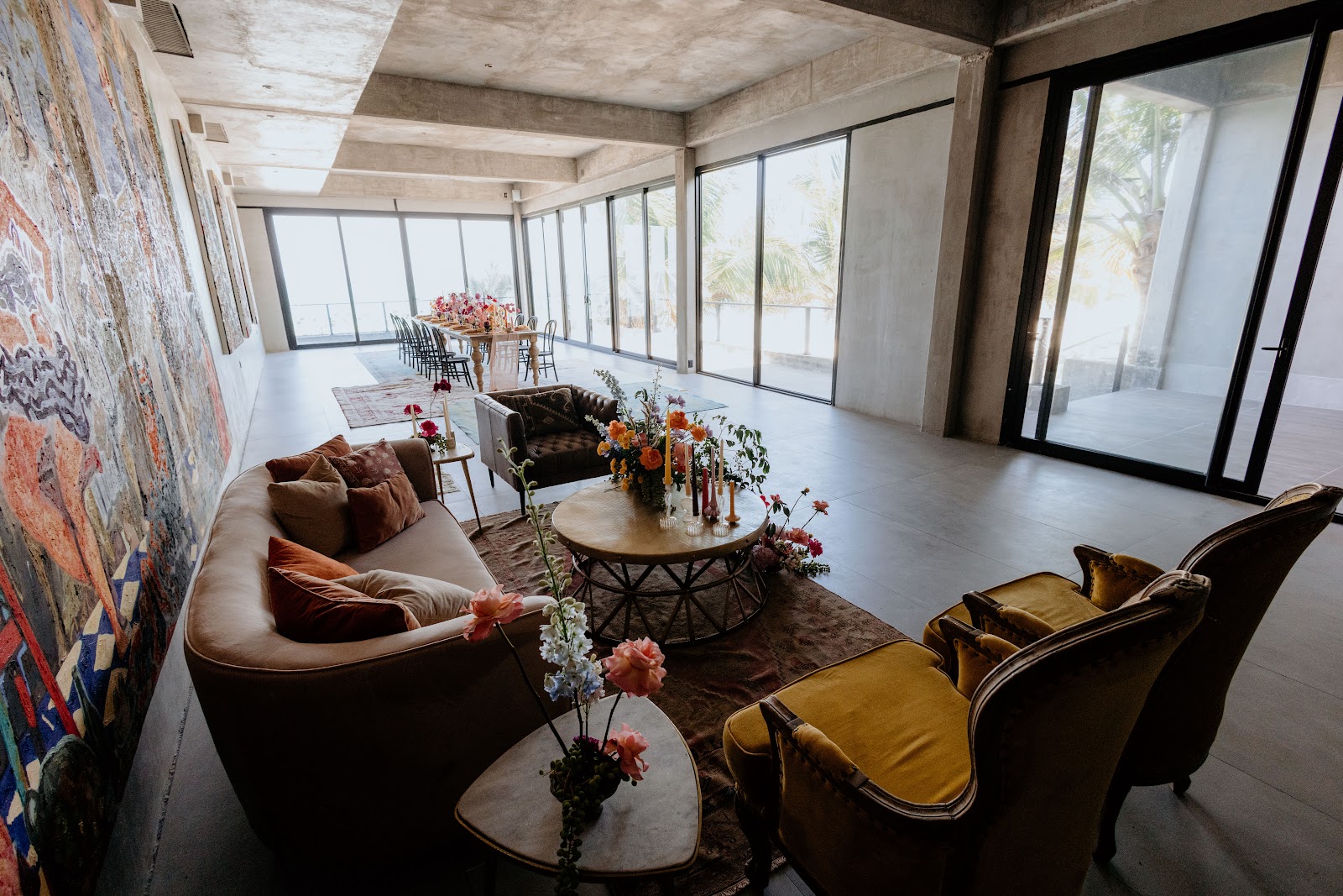 Lounge seating area with large windows