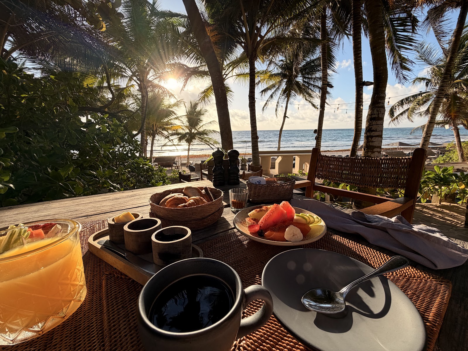 Mare'zia Beach Club brunch spread with fresh fruit and juice