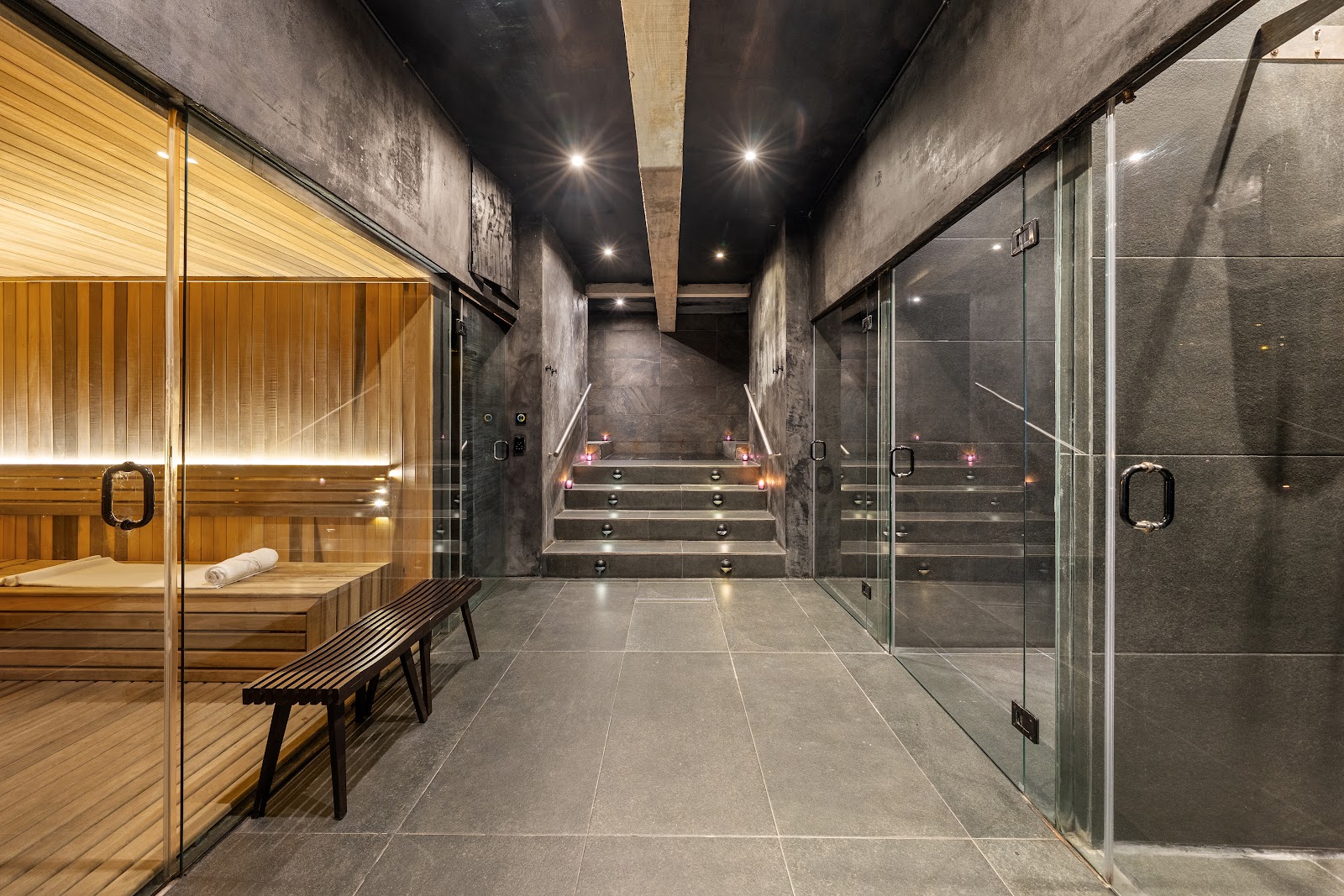Minimalist wooden spa corridor