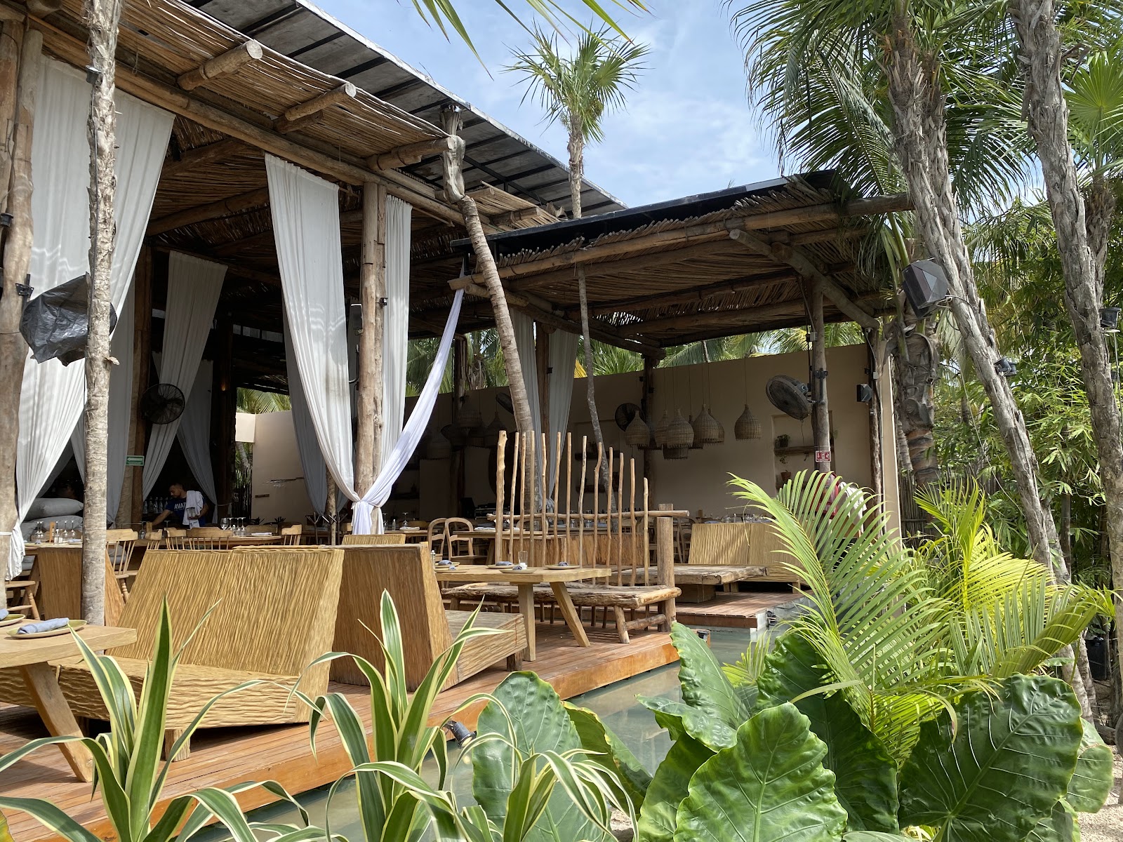 Palm-shaded dining terrace with white drapes