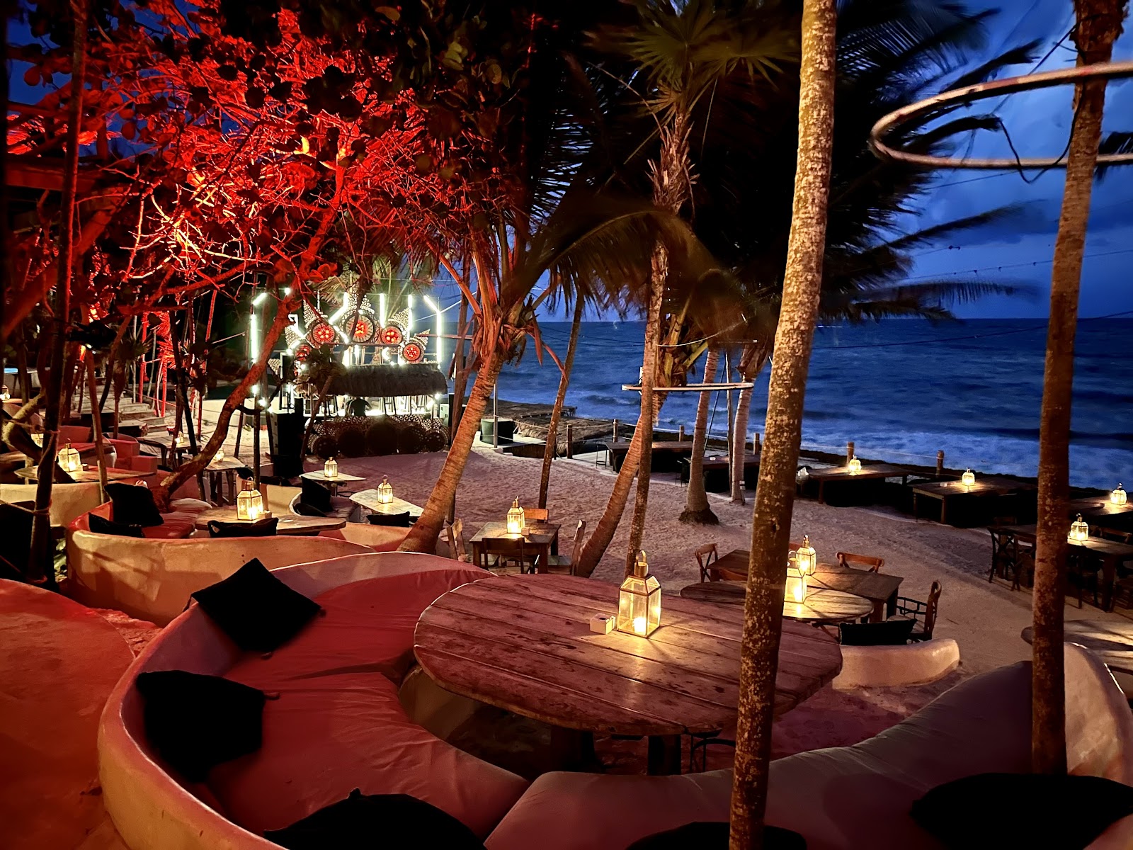 Papaya Playa Project lounge lit up in the evening