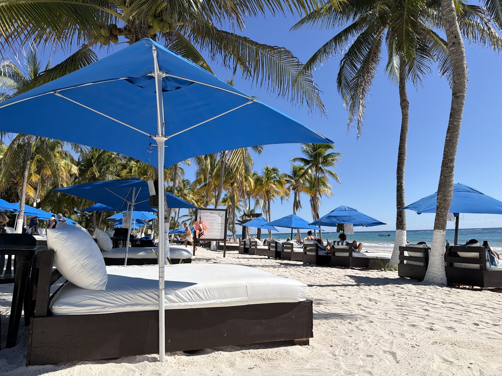 Playa Paraíso Beach Club loungers under blue umbrellas