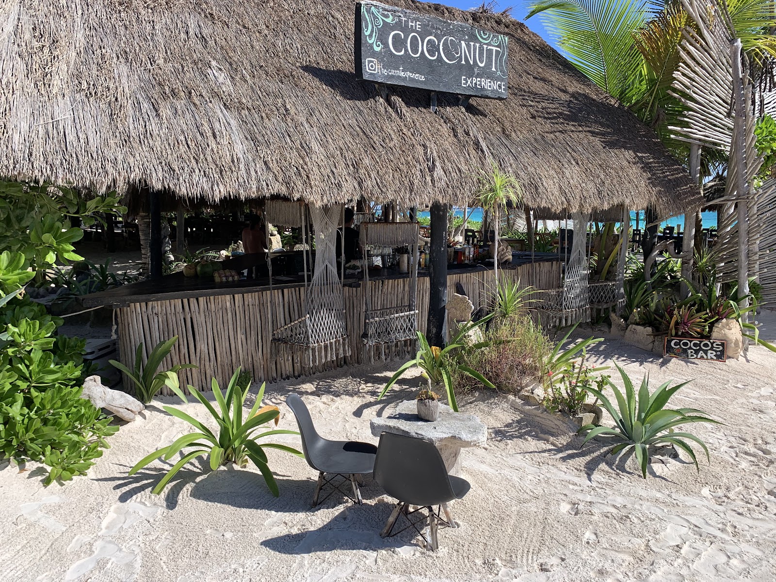 Thatched-roof restaurant with tropical plants at Playa Paraíso