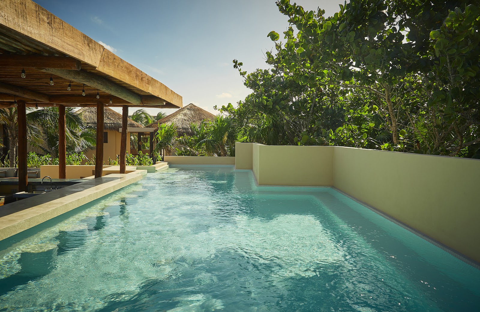Pool bordered by lush jungle