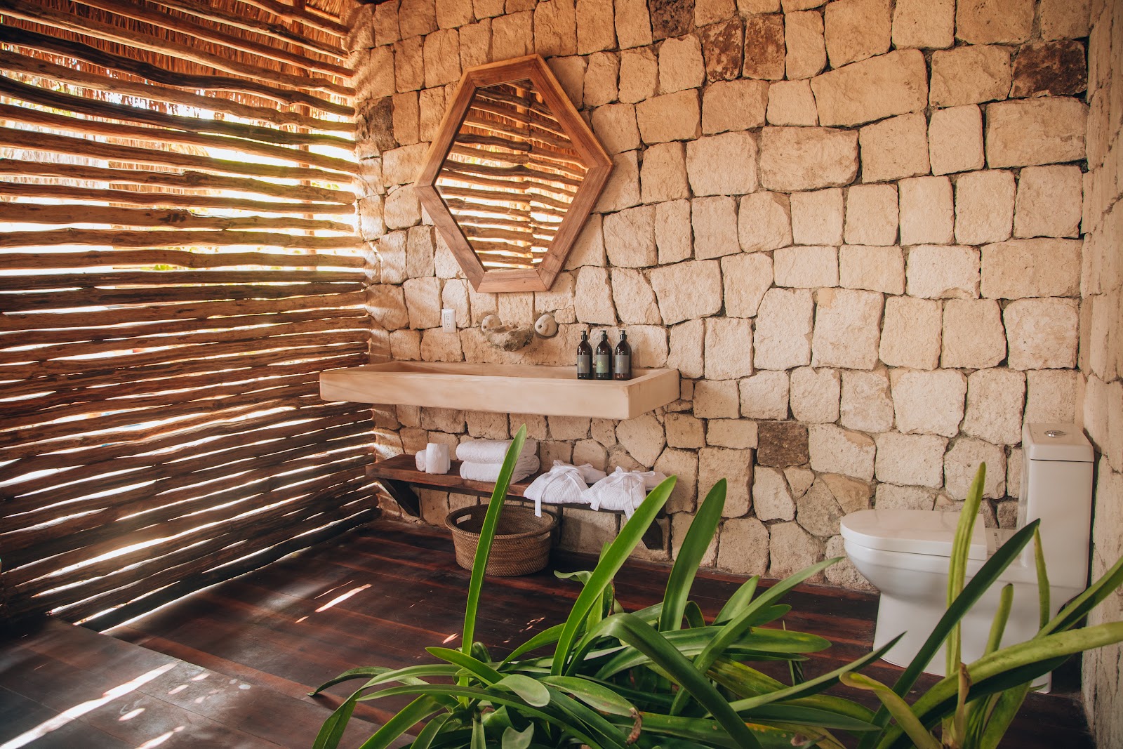 Rustic stone and wood lounge nook