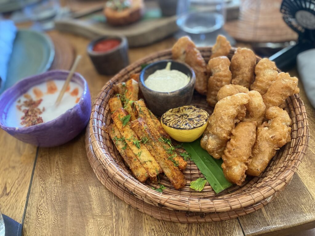 Fried seafood platter with dips served at Tantra Beach Club