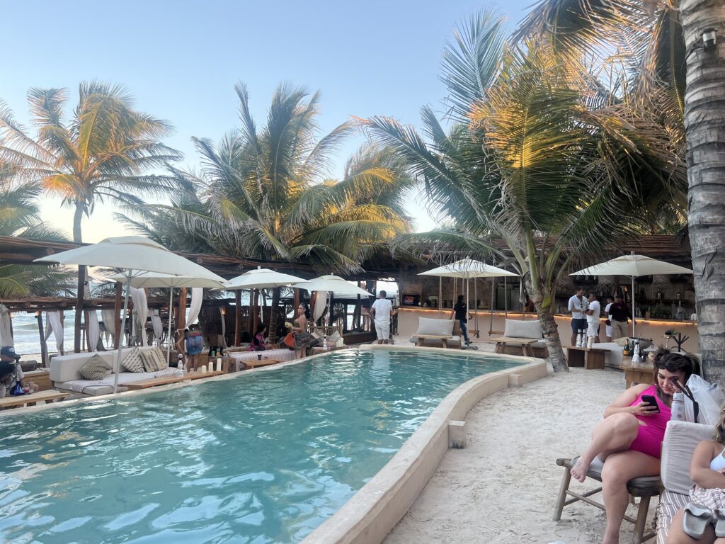 Beach club pool and umbrellas under palm trees on a sunny day