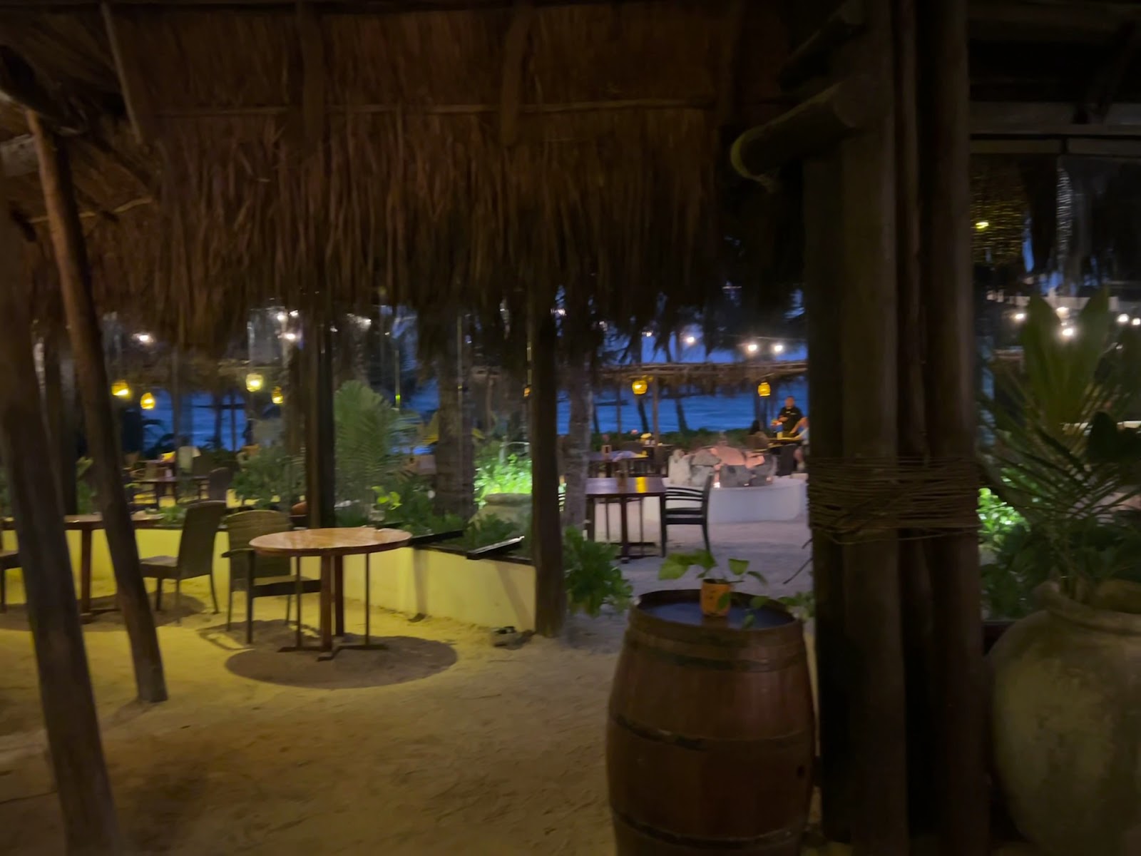Ziggy dining area glowing with warm lights at dusk