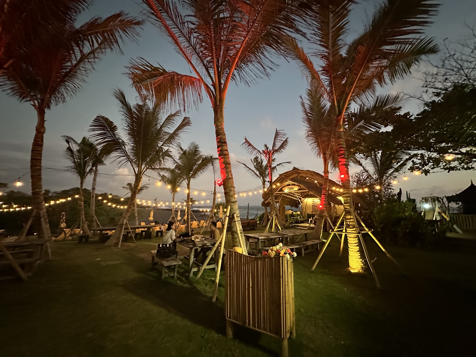 Bali beach club garden lit up with festoon lights at dusk